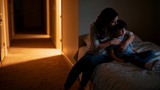 Comforting mother responding to open doorway amber light, cradling son on bed, copy space