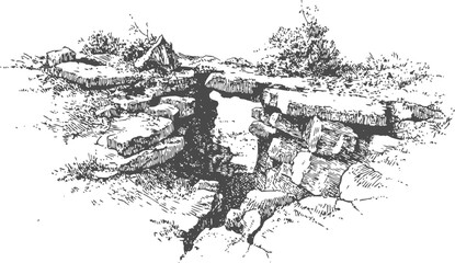 Fototapeta premium Ancient stone ruins with cracked ground and overgrown vegetation in black and white sketch
