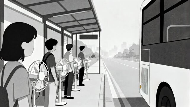 Watching bus approaching, five riders in casual wear standing by fans at stop boarding, copy space