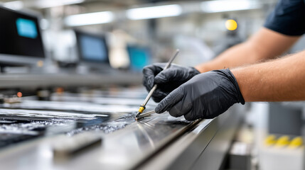 Fototapeta premium Close-up of hands (faceless) in clean black gloves, using precision tools to adjust a printing plate on a massive offset press, The Heart of the Machine, sharp focus on the metalli