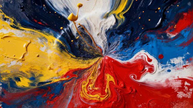 Flowing thick primary paint mass forming central vortex on canvas, gravity pulling pigments inward