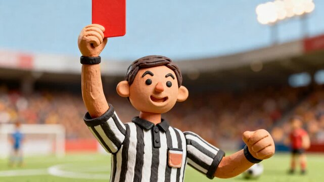 Raising clay-figure referee wearing striped shirt after foul call, holding red card high on pitch