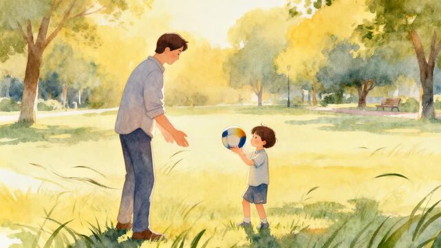 Holding ball, child initiating play, father reaching, catching and returning colorful ball in park