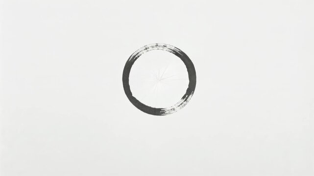 Starting with spiral, black ink building loops and fanning spokes, forming dark ring on pale canvas