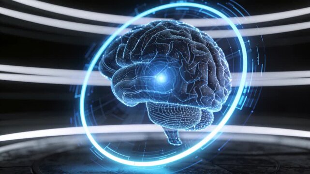 Activating hologram brain display shifting from mesh, rising glow after signal in lab, with ring