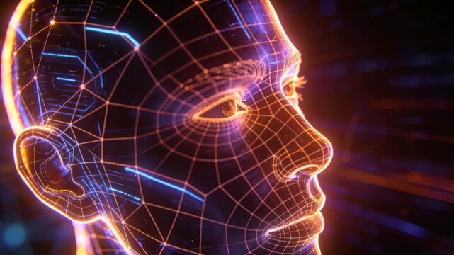 Pulsing neon wireframe head ramping light for digital data flow in corridor, with circuitry