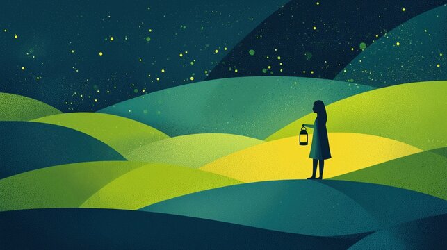 International Watch Firefly Day:art illustration of a cozy night scene with silhouette of a child in pajamas standing in an open field holding a glowing jar of fireflies, bold clean geometric shapes