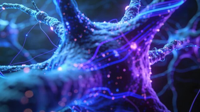 Neuron soma responding to stimulus, sending pulsing particles along axon showing neural signal flow