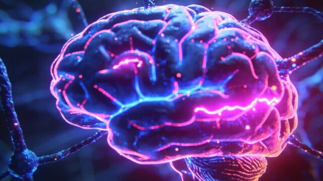 Pulsing brain getting left neon pulse, tracing band across cortex in neural net to show synapses