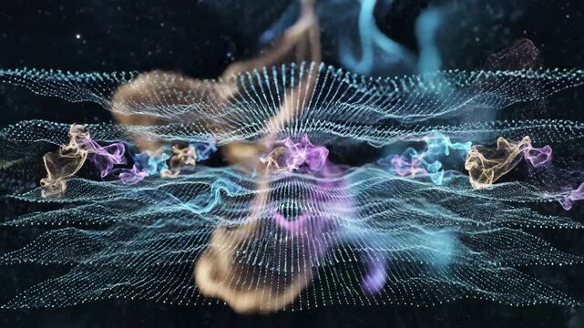 A technological cyberspace background emerges from an abstract dot pattern pulsing with wave noise texture across a dark digital surface.