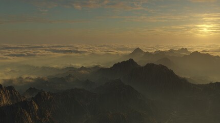 Obraz premium Mountain range silhouette against sunrise sky with atmospheric perspective