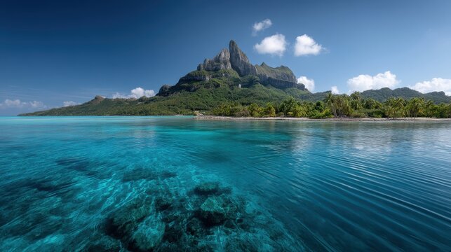 Tropical Island Paradise: Clear Turquoise Water, Lush Green Mountain, and Idyllic Beach in French Polynesia