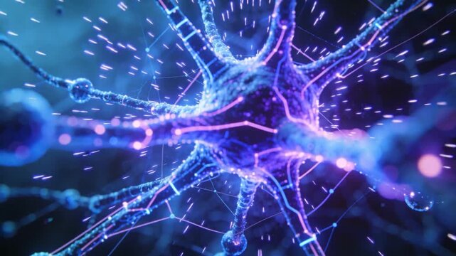 Firing neuron soma responding to pulse in lab, sending sparks along dendrites and axon to signal