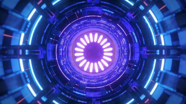 Pulsing central core ramping to peak in engine bay, lighting violet segments and cyan rings