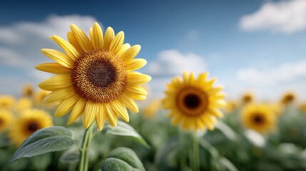 Obraz premium Vibrant Sunflower Field Under a Sunny Blue Sky: Summer Landscape Photography