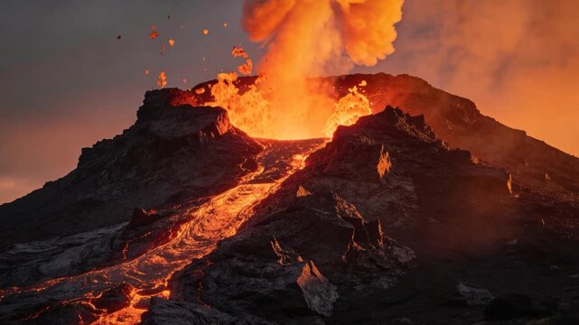 Erupting volcano starting with summit emitting lava down channel as magma feeding, sending plume
