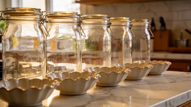 Sliding camera right moving fluted bowls forward showing glass jars with clamp lids on marble top