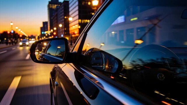 Cruising passenger-side glossy black sedan along city street at dusk, mirror reflecting dashboard