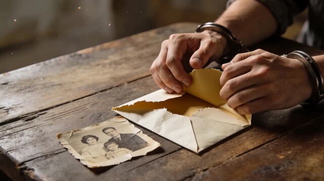 Finding envelope cuffed hands rolled sleeves tearing open at worn table showing letter by sepia pic
