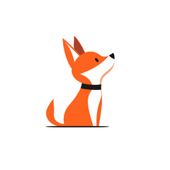 Obraz premium Cute cartoon fox sitting and looking up with curiosity, simple flat illustration of a playful animal with a black collar, concept of wonder and innocence