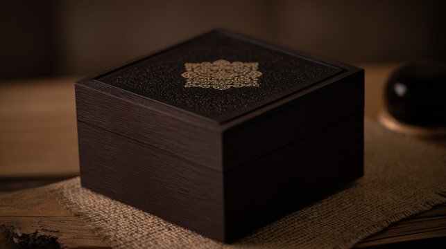 Close up of a decorative wooden box with intricate gilded emblem