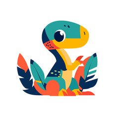 Obraz premium Cute baby dinosaur illustration, colorful abstract art, playful raptor character in jungle foliage, concept of prehistoric childhood and fantasy