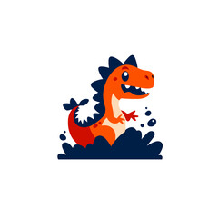 Cute orange dinosaur splashing in water, happy cartoon TRex character with spikes, playful prehistoric creature illustration for kids, concept of fun and adventure © Fernando