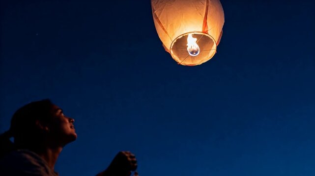 Fuel flame heating, woman in tee steadying and sending paper lantern upward at dusk, copy space