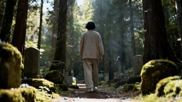 Woman stepping onto mossy path walking deeper mourning in film animated petals drifting around her
