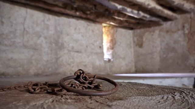 Close-up of authentic iron chains and shackles display in underground slave chamber in Mkunazini, Zanzibar. Somber historic artifact in a dimly lit Stone Town dungeon