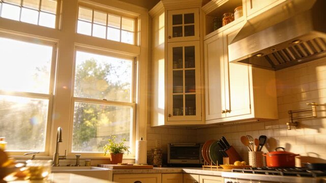 Shining sunlight moving across kitchen counter and window as sun angle shifts, over bowl of citrus