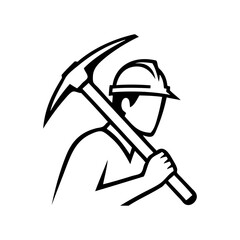 Logotipo con dibujo sencillo con líneas de un obrero de la construcción con casco y un pico apoyado en el hombro  © teracreonte