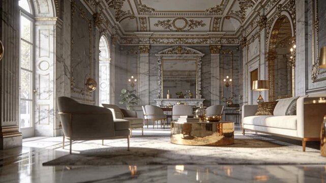 Pulling back camera revealing seating with gold table in formal lounge, with marble reflections