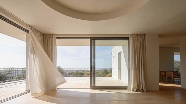Flowing white curtain catching gust from open sliding door in living area, sweeping sunlit floor