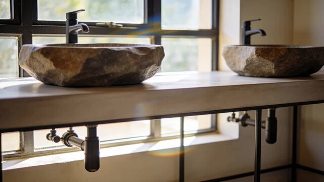 Shifting sunlight through pane window causing camera pan, moving flare across bathroom stone sinks