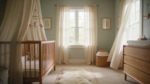 Billowing cream curtain drifting inward at nursery window by light gust, nudging toy inside crib