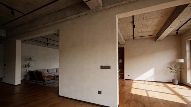 Panning camera across empty open loft showing sunlit wood floors, windows, exposed beam ceiling
