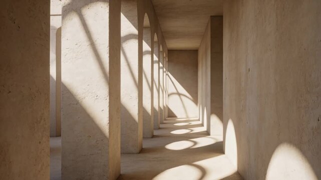 Streaming sunlight from left shifting shadow along corridor columns casting pools with sun moving