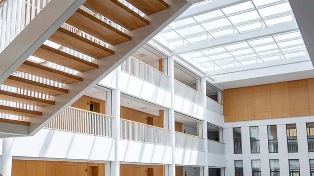 Steadying camera capturing atrium inside as light shifts, showing open-riser staircase and skylight