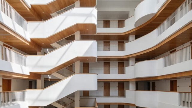 Shifting sunlight through skylight crossing atrium, marking time on balcony rails