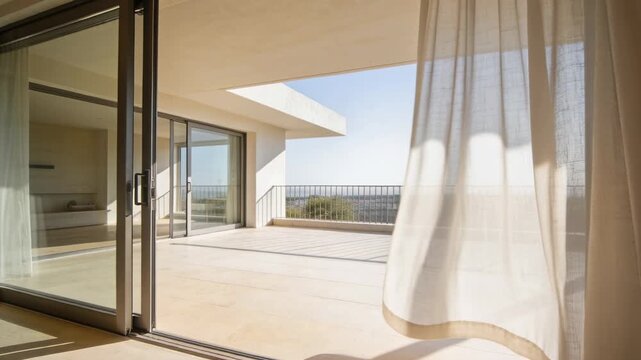 Breeze entering terrace, right-side sheer curtain billowing through sliding door, sunlight moving