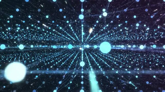 Glowing blue particles explode outward from a central point in a digital environment.