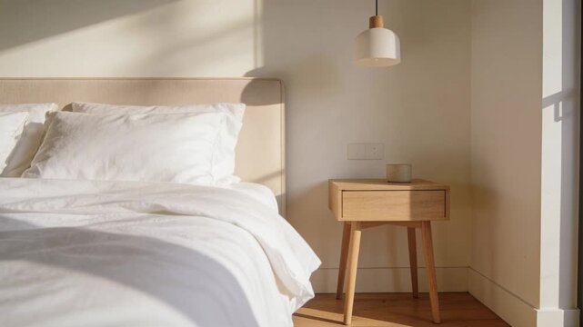Shifting morning sunlight moving from black framed window across bed with pillows, duvet in bedroom