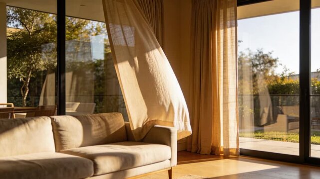 Gentle breeze lifting beige curtain, billowing across sliding doors near sunlit living room sofa