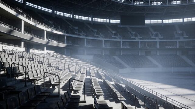 Sun streaming via clerestory shifting shadows across seats at arena, sun moving, rails and dust