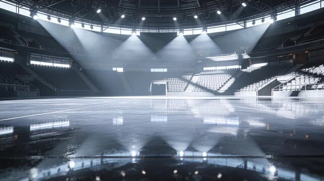 Lighting sequence starting, central glossy arena floor reflecting sweeping conical spotlight beams