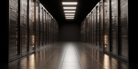 Fototapeta premium Server room with rows of racks and networking hardware in data center, abstract IT background