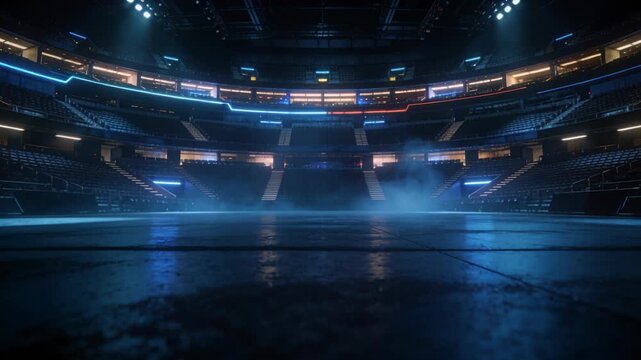 Spreading fog from fog machines covering empty arena floor, highlighting LED strips and spotlights