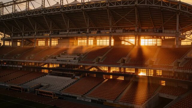 Sweeping low sun casting beams across stadium bowl, lighting orange seats through haze