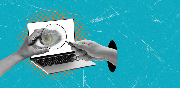 An artistic collage depicting a hand looking at an eye on a laptop screen against a blue background.